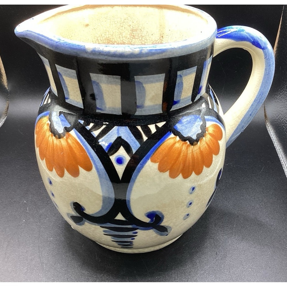 Vintage Ceramic Pitcher Beige Blue Orange Japan 6' x 6.5" Decorative Pottery